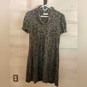 Calvin Klein Black & Gray Patterned Knit Babydoll Puff Sleeves Dress Size 6